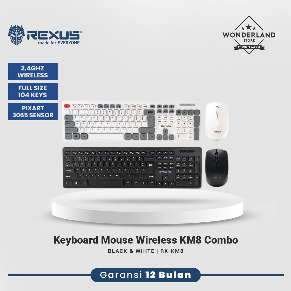 Rexus KM8 Keyboard Mouse Wireless Combo Silent Click Full Size 2.4Ghz Nano Receiver