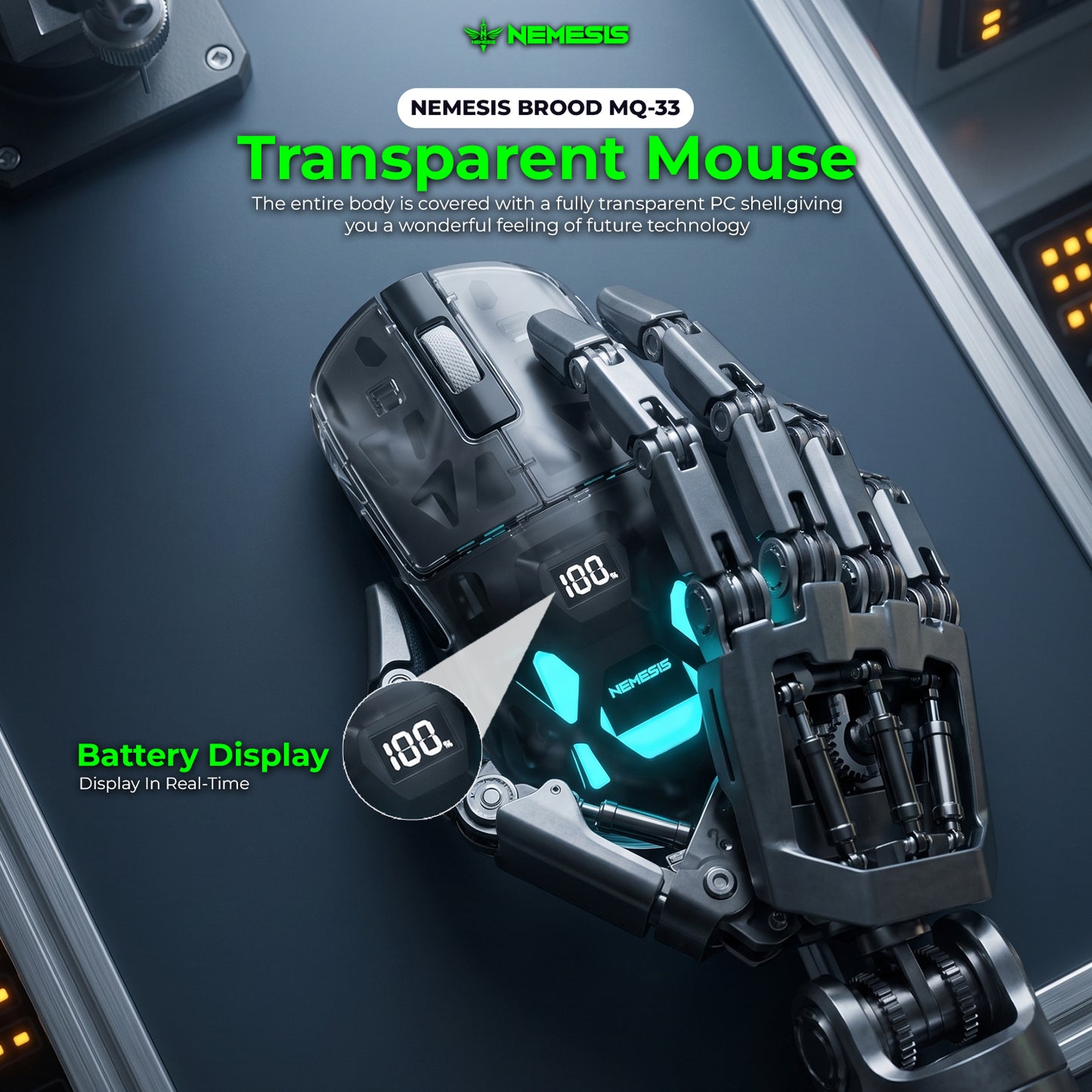 Nemesis Brood MQ-33 Mouse Wireless Gaming Transparent with Digital Display