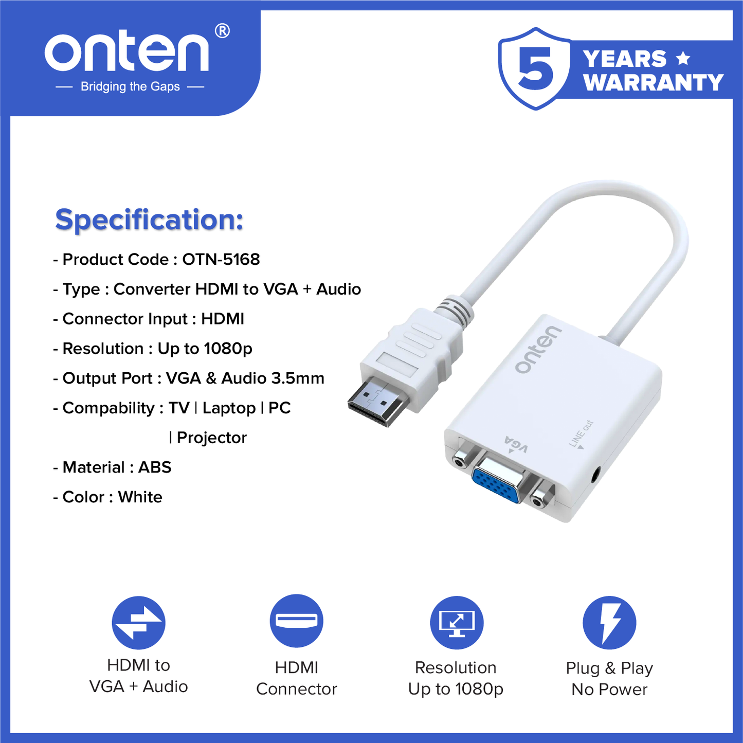 Onten HDMI to VGA Adapter with Audio Jack 3.5mm 1080P OTN-5168