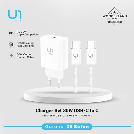 U1me Charger 30W Set GaN USB-C Adaptor with USB-C to C Cable PD PPS Fast Charging