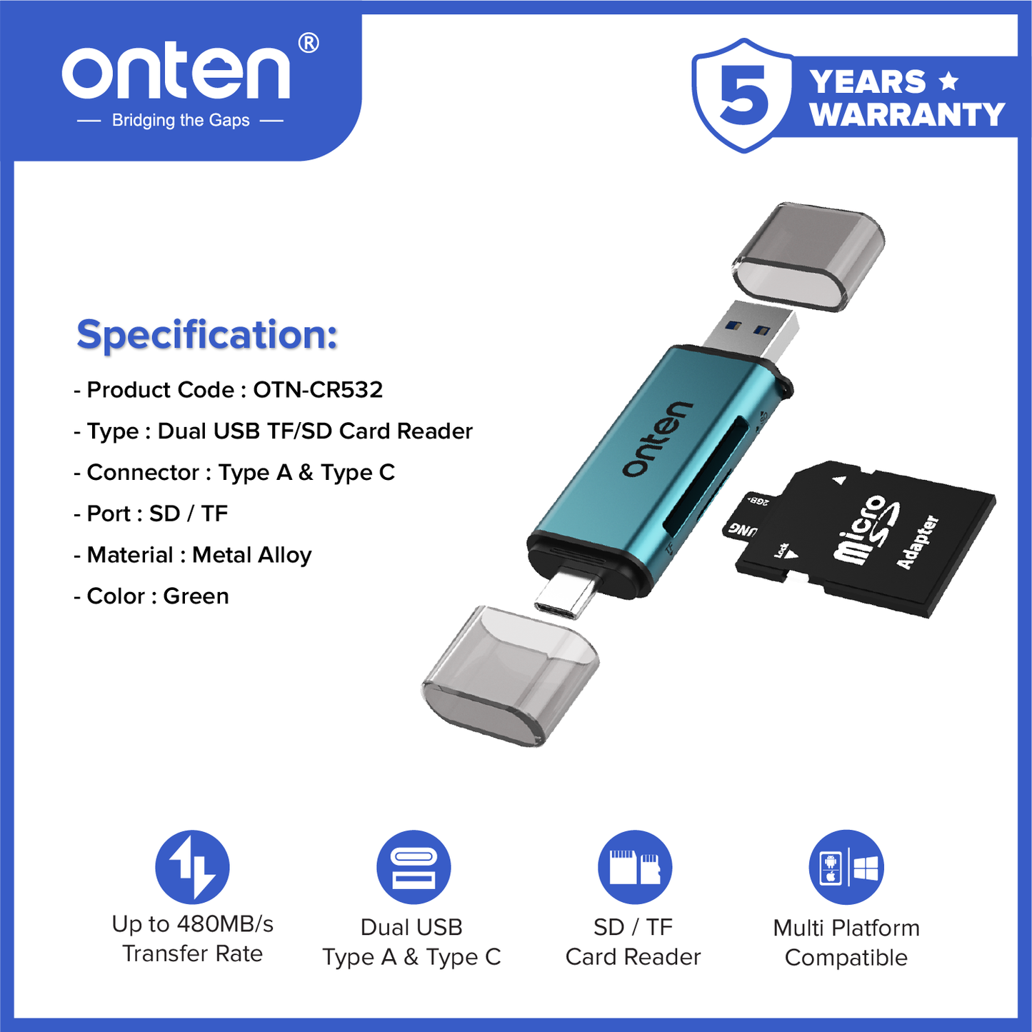 Onten Card Reader Dual USB-C + USB-A SD/TF Card 480Mb/s Transfer Rate OTN-CR532