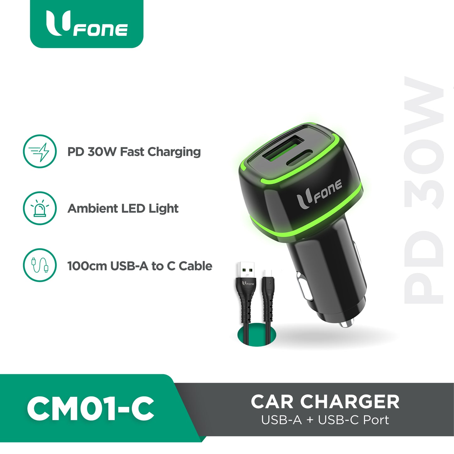 Ufone Car Charger USB-C 30W + USB-A 18W 48W Fast Charging PD PPS CM01-C
