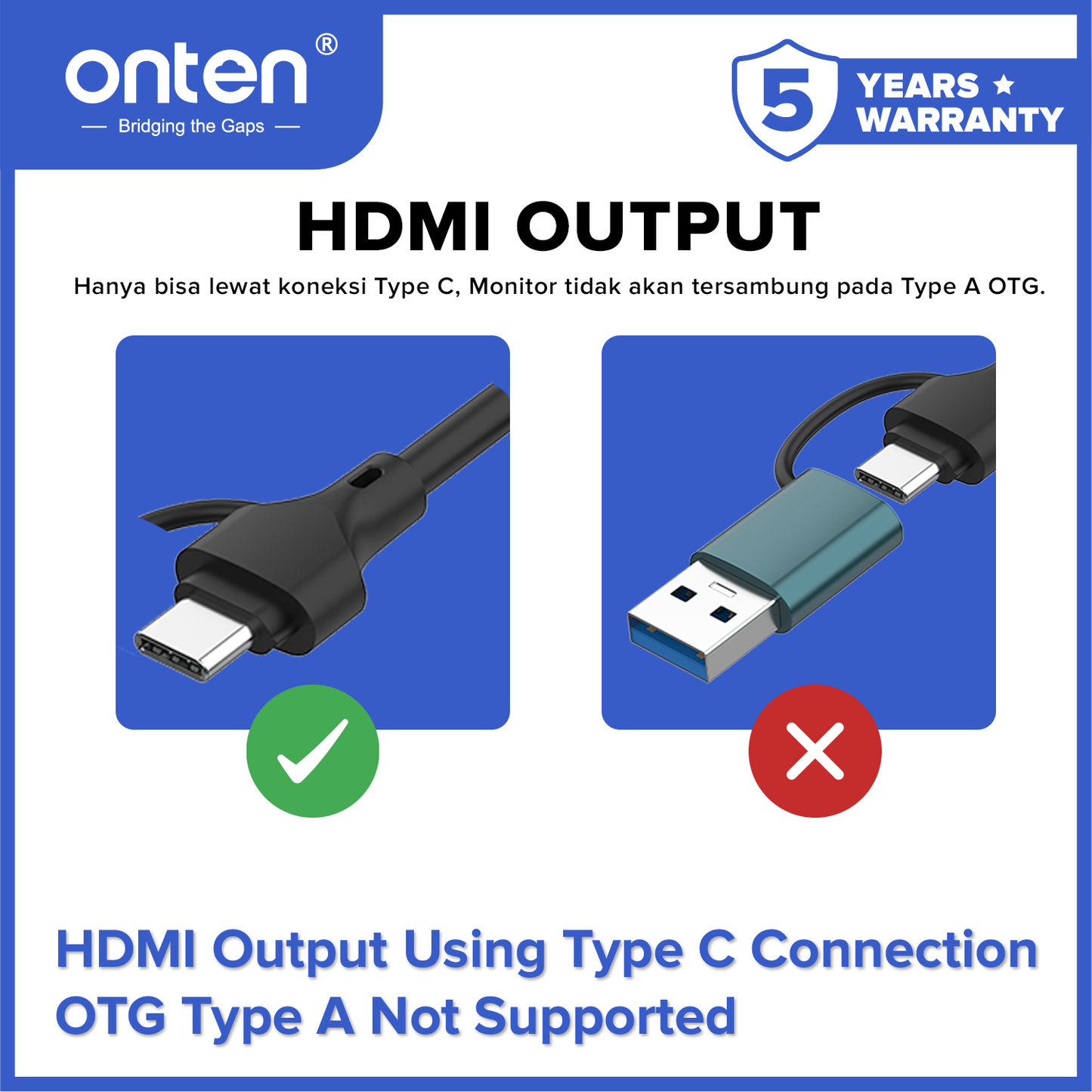 Onten Converter Fast 3in1 Dual USB 4K HDMI Adapter USB 3.0 USB 3.2 Gen 1 OTN-UCA303