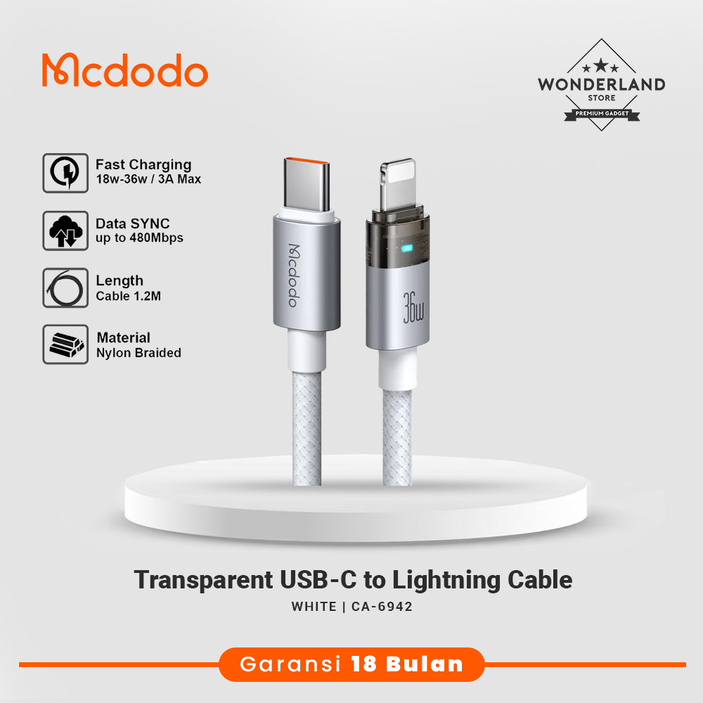 Mcdodo Kabel Data iPhone Transparant USB-C Lightning 36W Fast Charging with LED