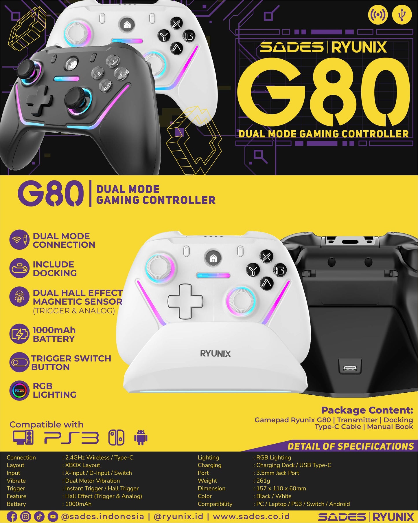 Sades Ryunix G80 Gamepad Hall Effect Dual Mode Gaming Controller Dual Motor Vibration