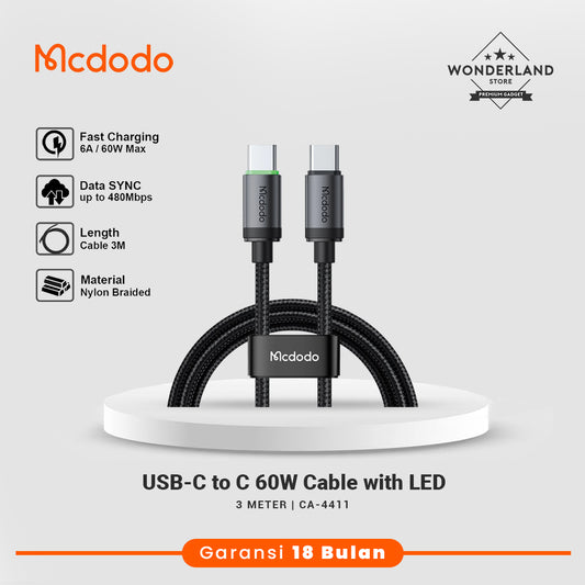 Mcdodo Kabel Data USB-C to C 3A 60W LED Indicator Nylon Braided Fast Charge CA-4411
