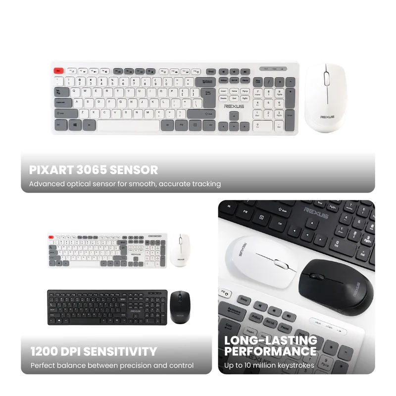 Rexus KM8 Keyboard Mouse Wireless Combo Silent Click Full Size 2.4Ghz Nano Receiver