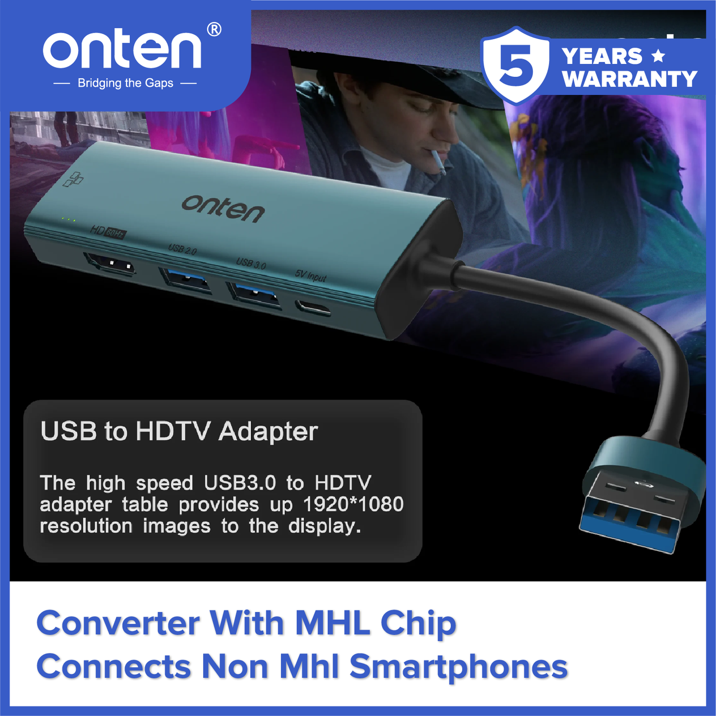 Onten Converter USB 3.0 to 5in1 LAN RJ45 + HDMI + USB for Extend Duplicate Monitor Layar OTN-US125