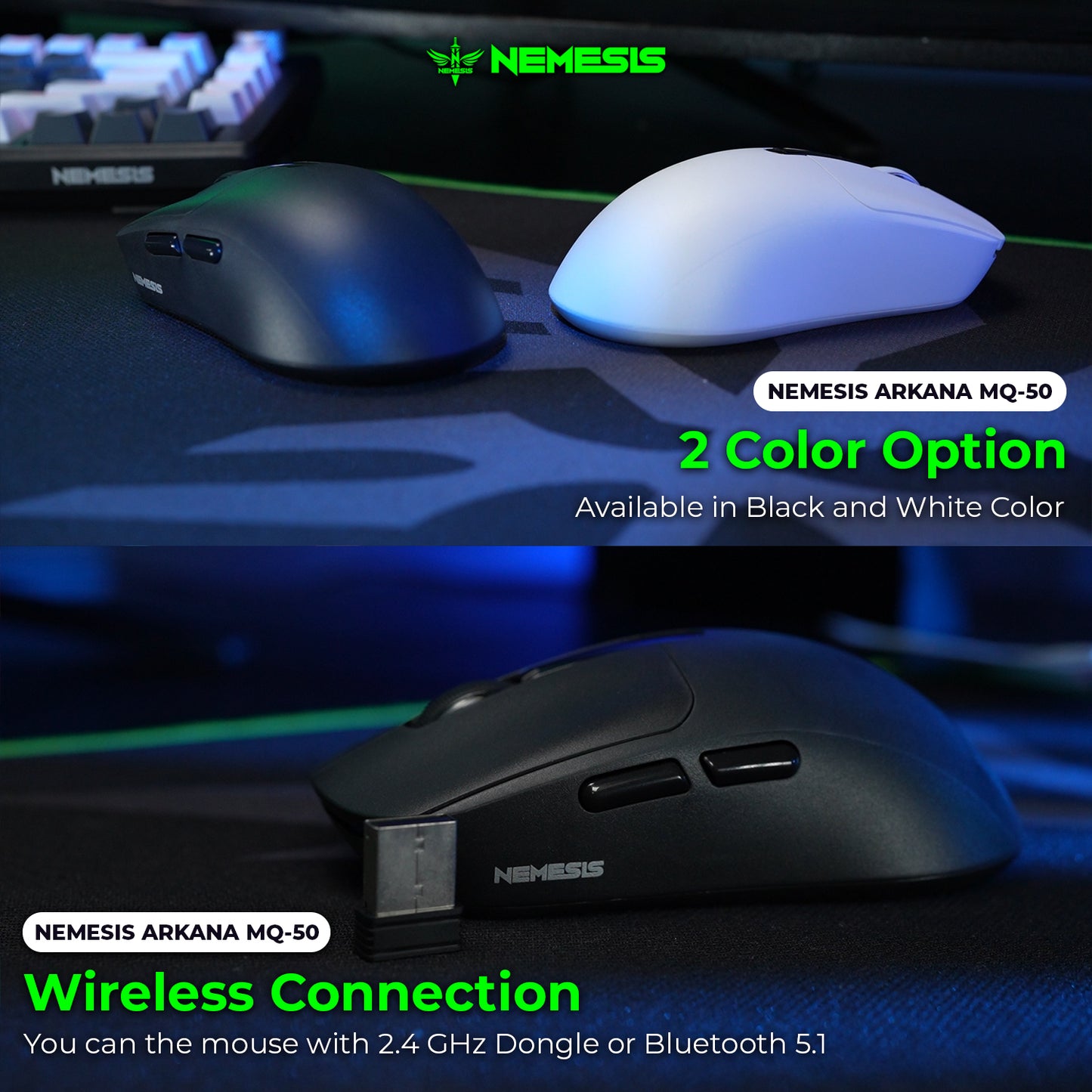 Nemesis Arkana MQ50 Mouse Wireless 2.4Ghz Dual Mode Rechargeable Battery with Digital Display MQ-50