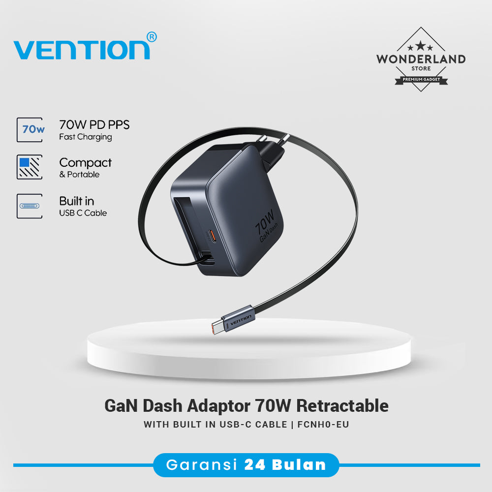 Vention GaN Dash Adaptor 70W GaN Charger PD PPS Built in USB-C Retractable Cable