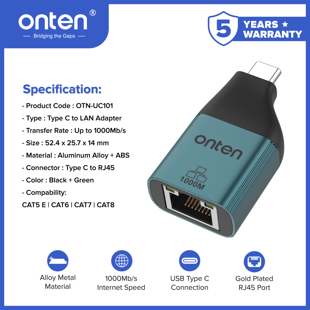 Onten Converter USB-C to Gigabit Lan Ethernet Connector 1000Mb/s OTN-UC101