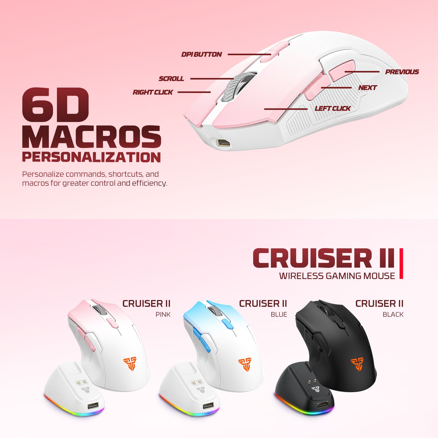 Fantech Cruiser II WG11V2RD Wireless Gaming Mouse Rechargeable 2400 DPI Includes Charging Dock
