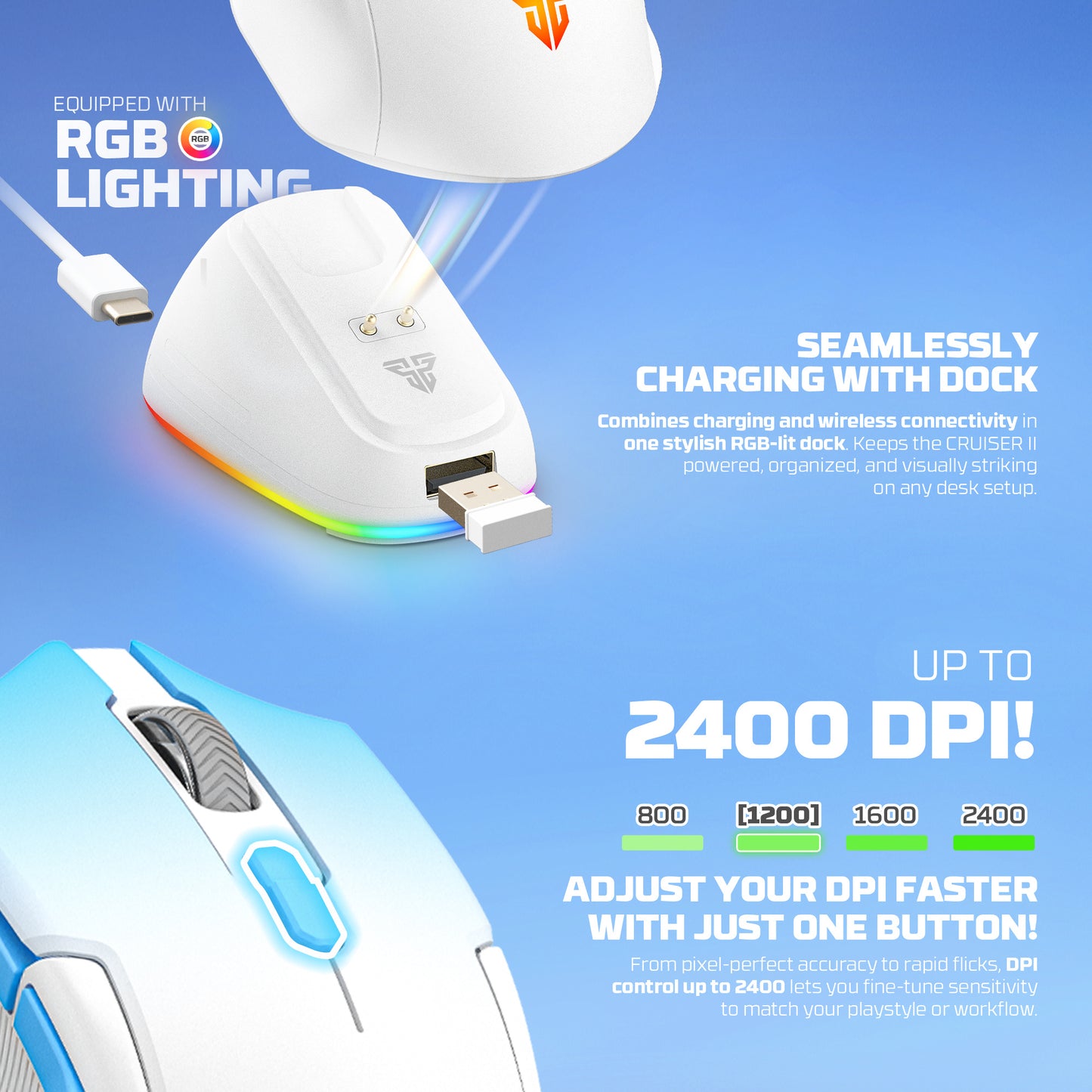 Fantech Cruiser II WG11V2RD Wireless Gaming Mouse Rechargeable 2400 DPI Includes Charging Dock