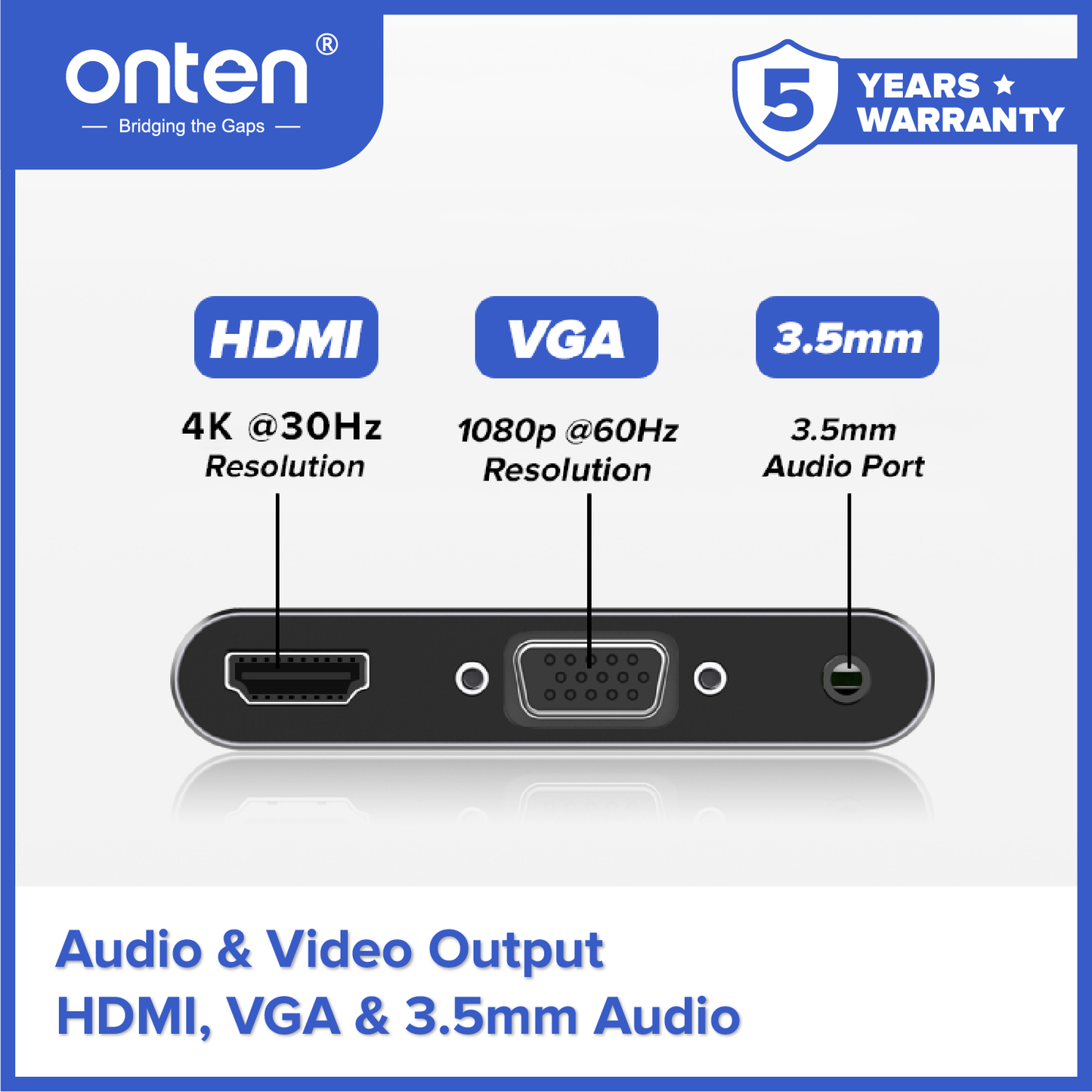Onten Adapter USB-C 4in1 to HDMI 4K @60Hz VGA 1080P Audio PD USB HUB OTN-9573S