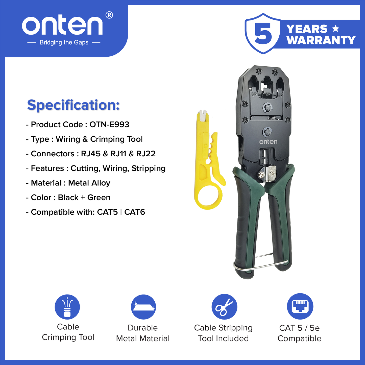 Onten Tang Crimping Tool 3in1 4P 6P 8P RJ45 RJ11 RJ22 / Ethernet Crimper OTN-E993