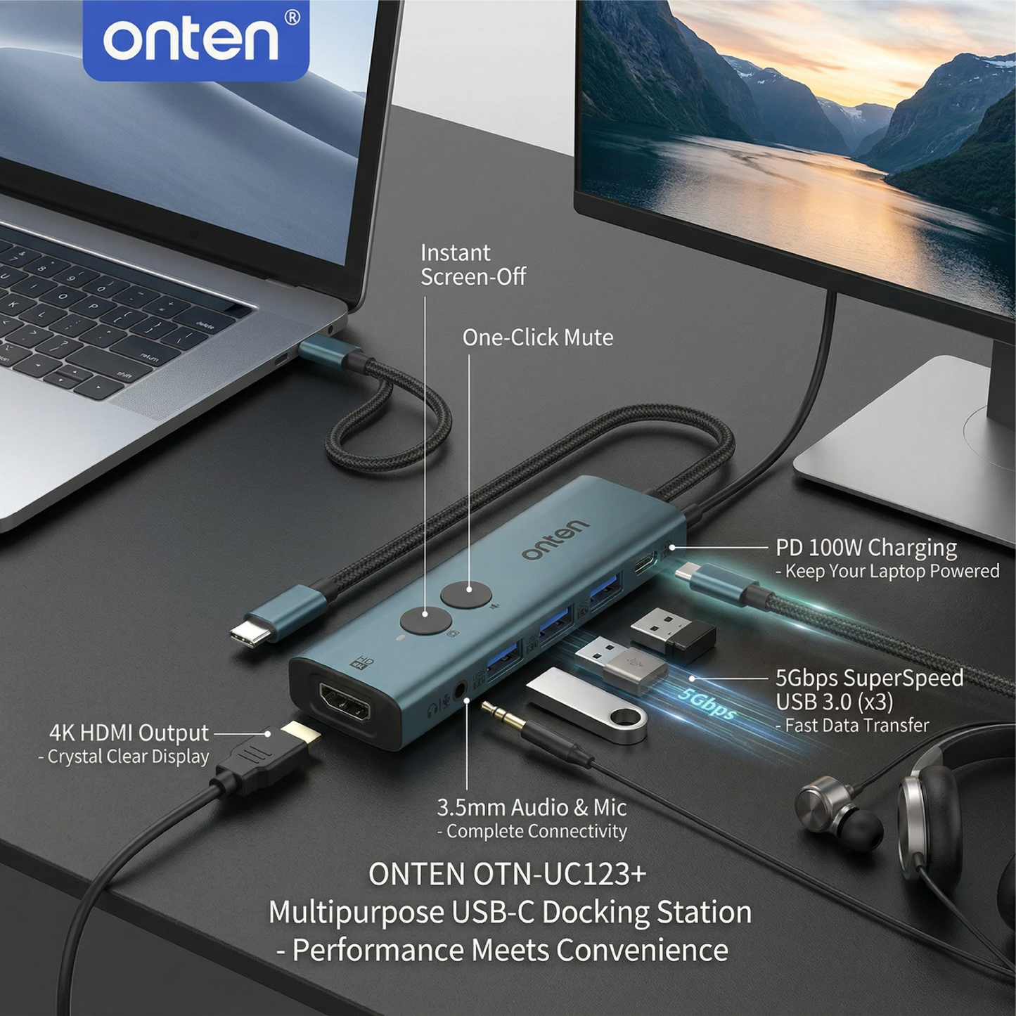 Onten USB-C HUB 6in1 with Screen OFF & Mute Compatible Mac OS Windows 4K 30Hz Resolution OTN-UC123P