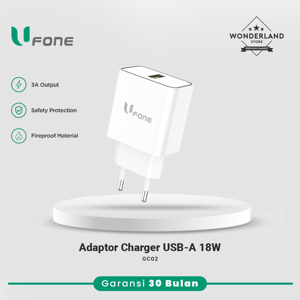 U1me x Ufone Adaptor Charger 3A 18W USB-A Fast Charging Support VOOC