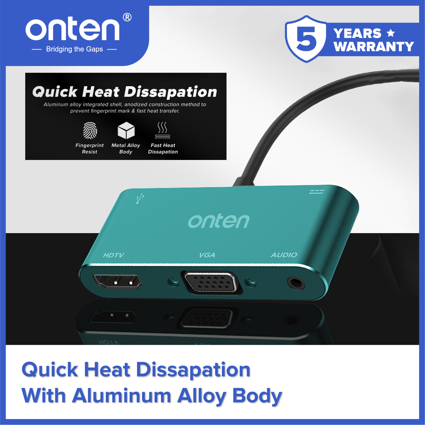 Onten Adapter USB-C 4in1 to HDMI 4K @60Hz VGA 1080P Audio PD USB HUB OTN-9573S