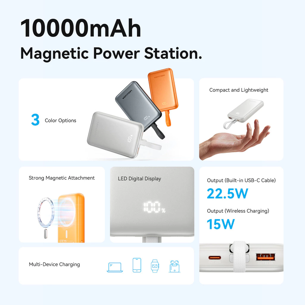Vention CCC Magnetic Powerbank 10000mAh Fast Charging 22.5W Wireless 15W Built in Cable USB-C