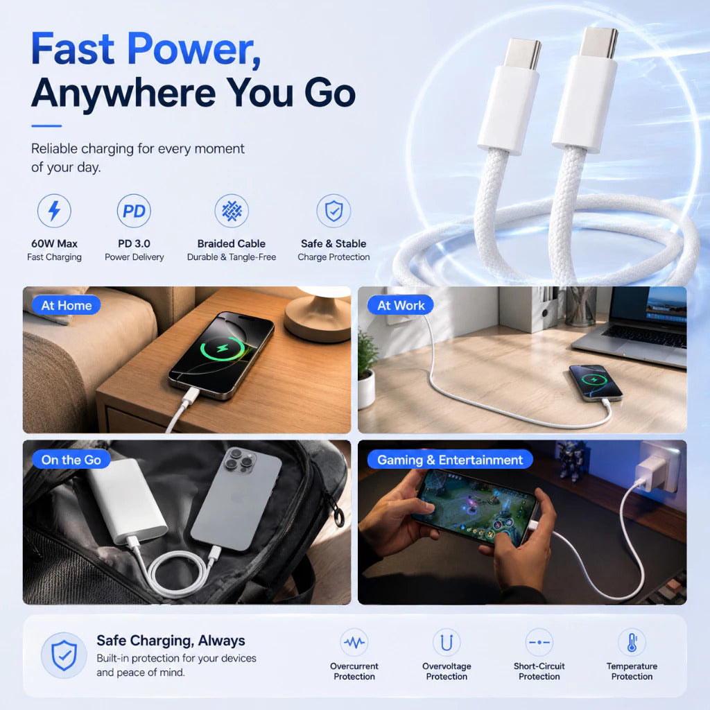 OnPrime Kabel Data USB-C to C 3A 60W Wood Series Nylon Braied SFC PD PPS