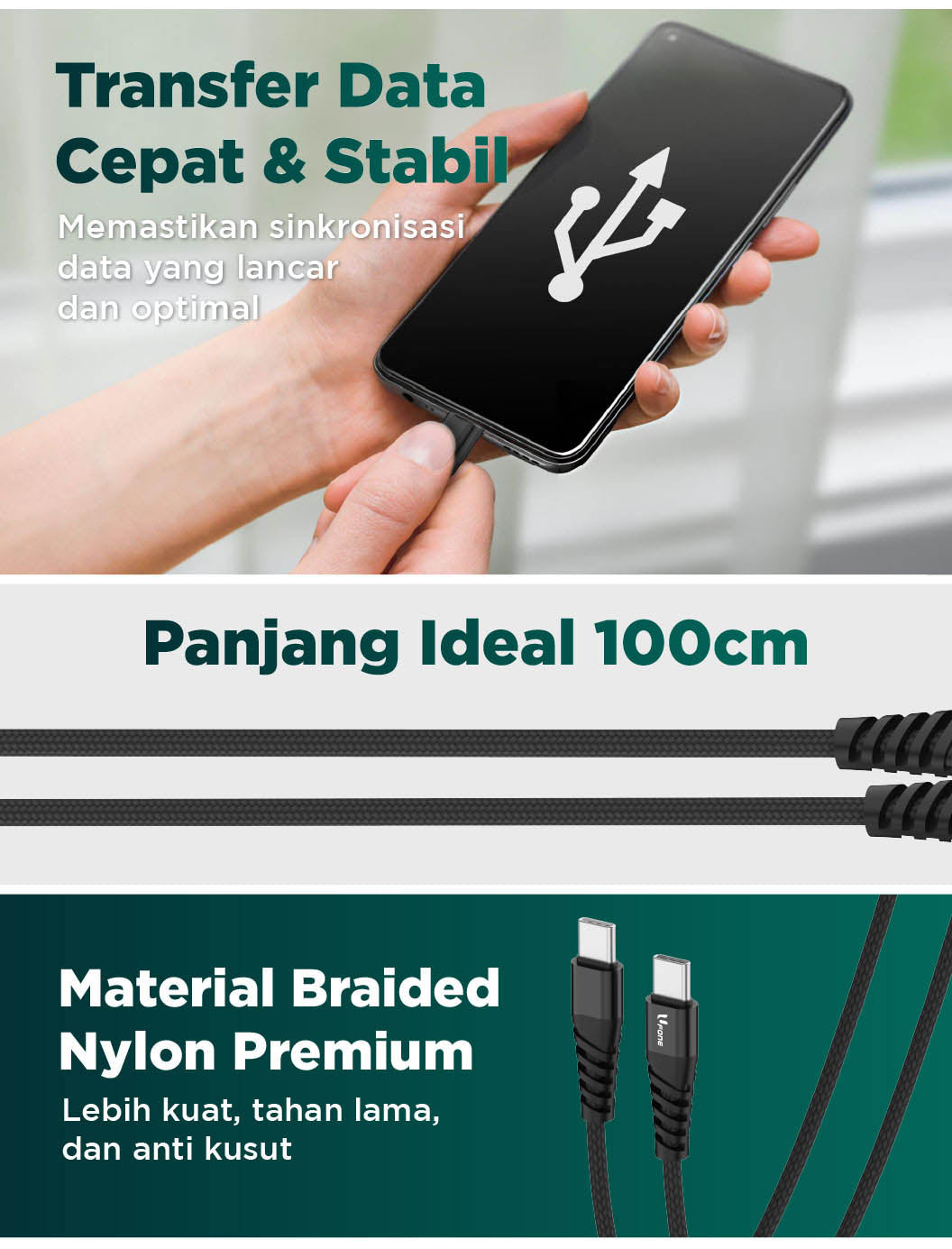 U1me x Ufone Kabel Data USB-C to USB-C Fast Charging 3A 60W Max Braided Nylon