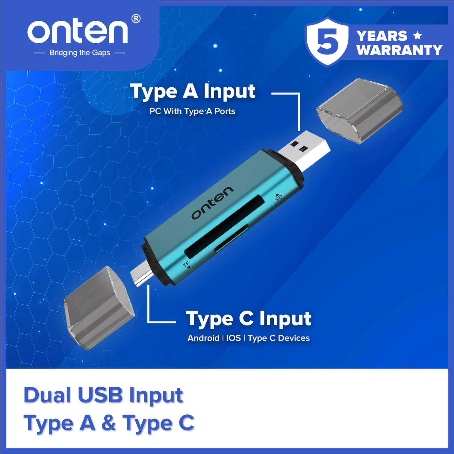 Onten Card Reader Dual USB-C + USB-A SD/TF Card 480Mb/s Transfer Rate OTN-CR532