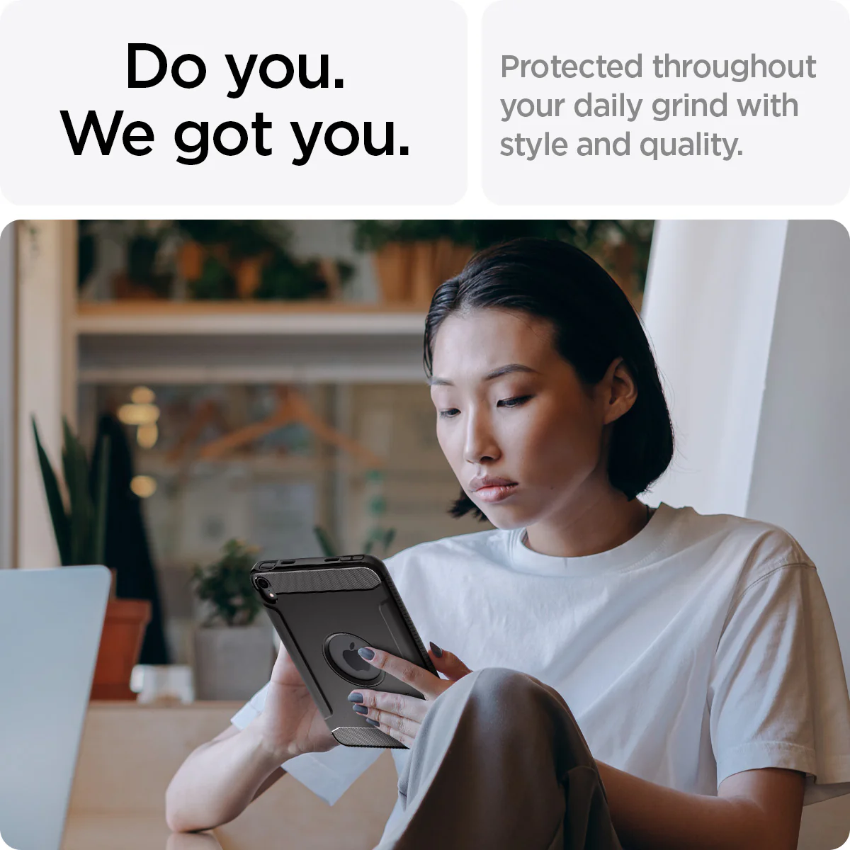 Spigen Case iPad Mini 7 / 6 8.3 inch 2024 Spigen Rugged Armor TPU Carbon Anti Shock Crack Slim Cover Casing