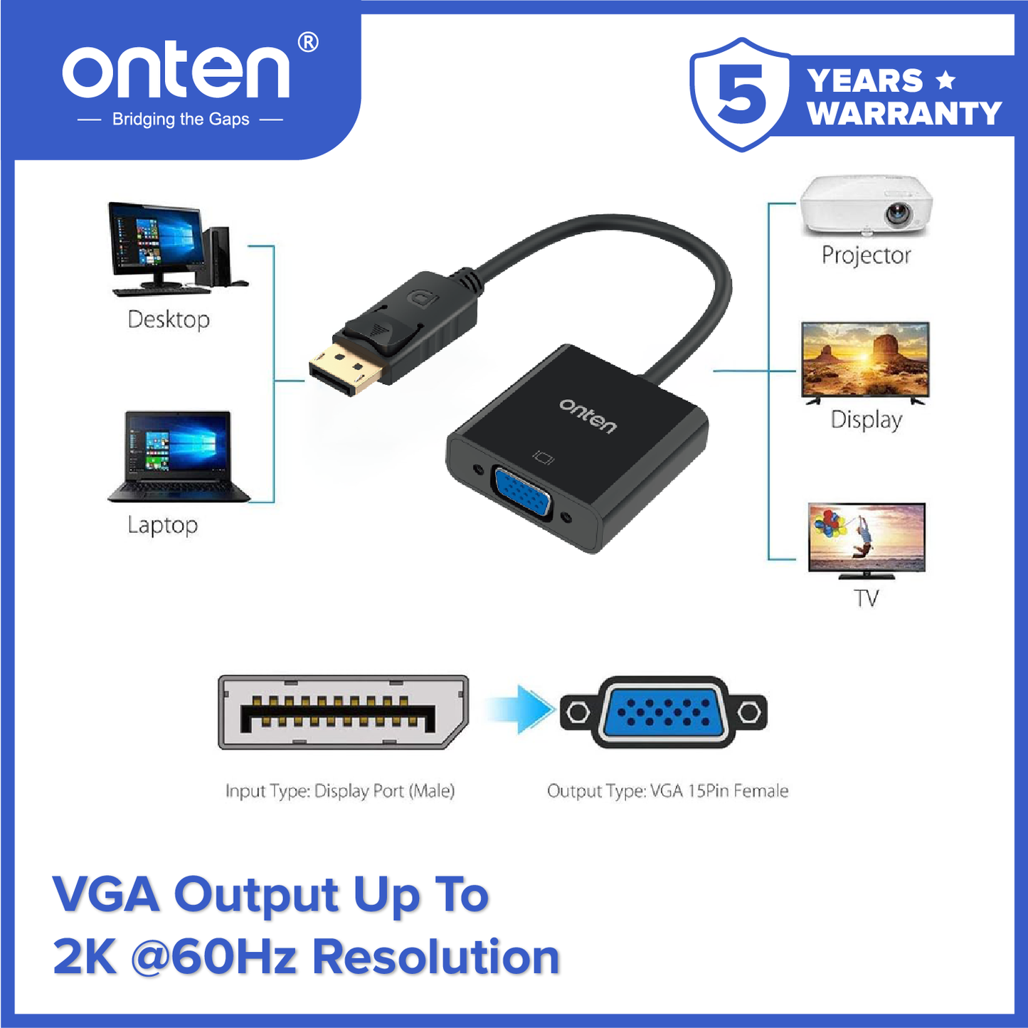 Onten Kabel DP Display Port to VGA Converter 2K @60Hz Resolution OTN-5118