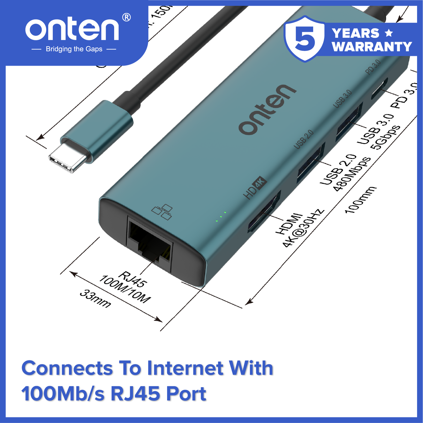Onten Converter USB-C Hub 5in1 to LAN RJ45 HDMI USB 3.0 USB 2.0 PD 3.0 OTN-UC125