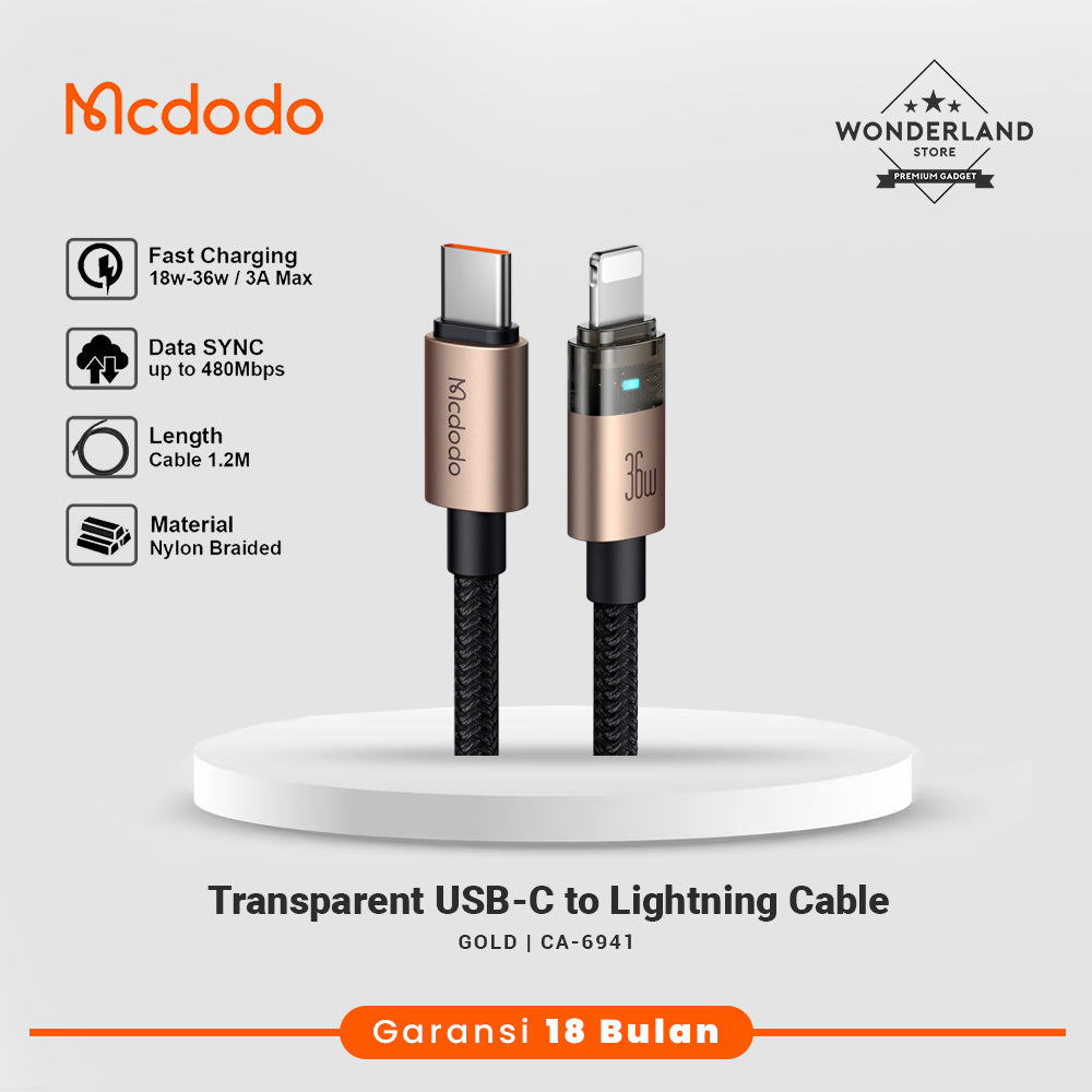 Mcdodo Kabel Data iPhone Transparant USB-C Lightning 36W Fast Charging with LED