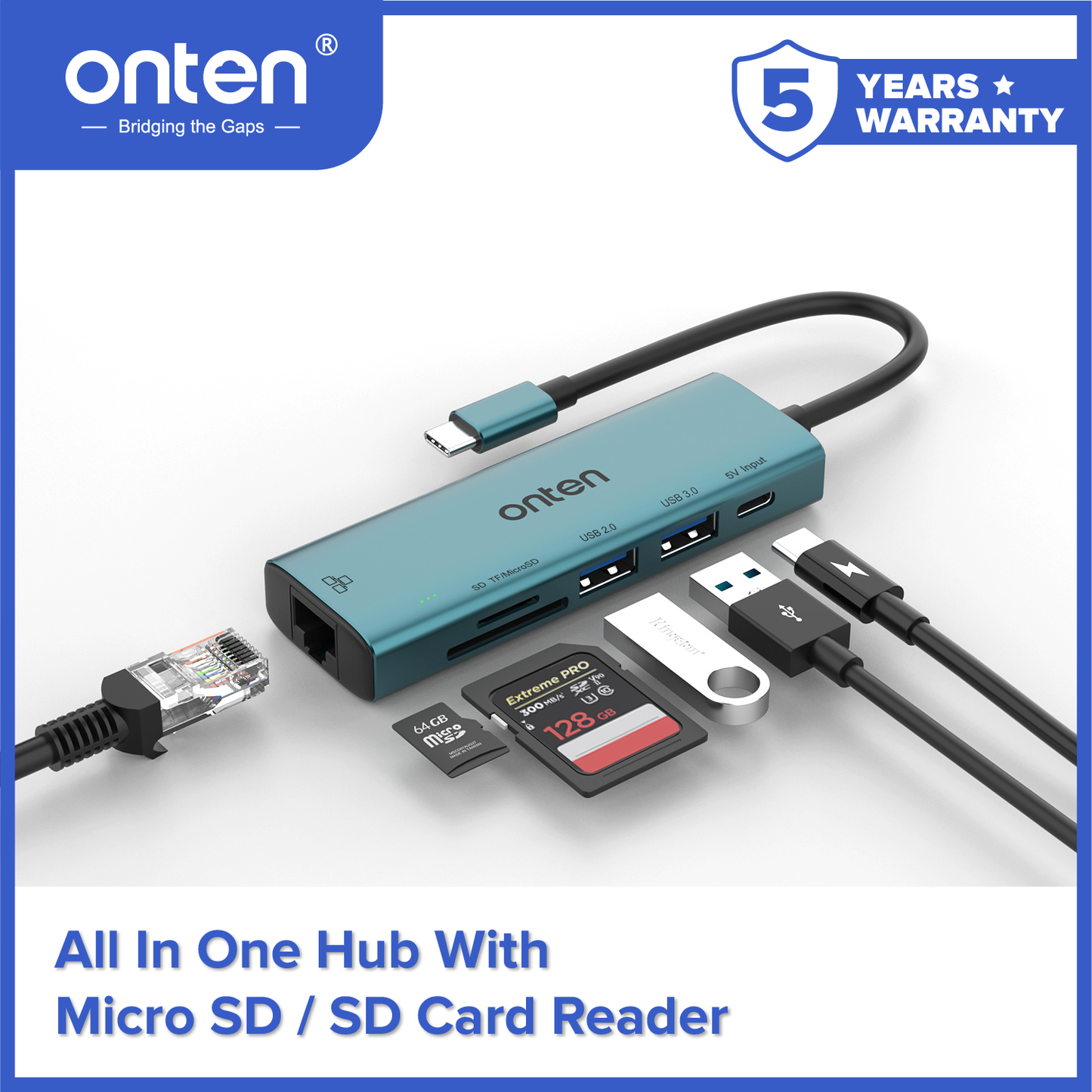 Onten Converter USB-C to 6in1 LAN RJ45 + TF/Micro SD Card Reader USB 3.0 USB 2.0 OTN-UC122