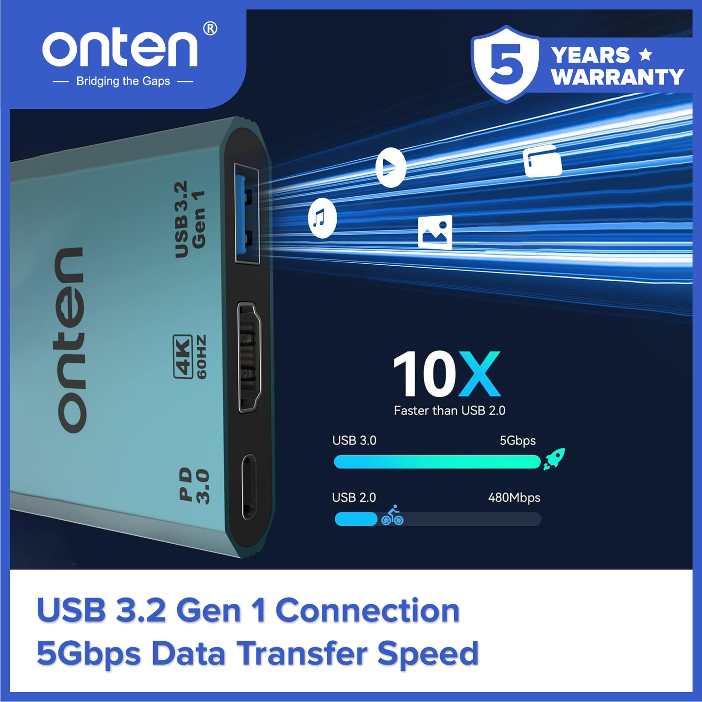 Onten Converter 3in1 USB-C to 4K HDMI & USB 3.2 GEN 1 For Duplicate atau Extend Display OTN-UC301