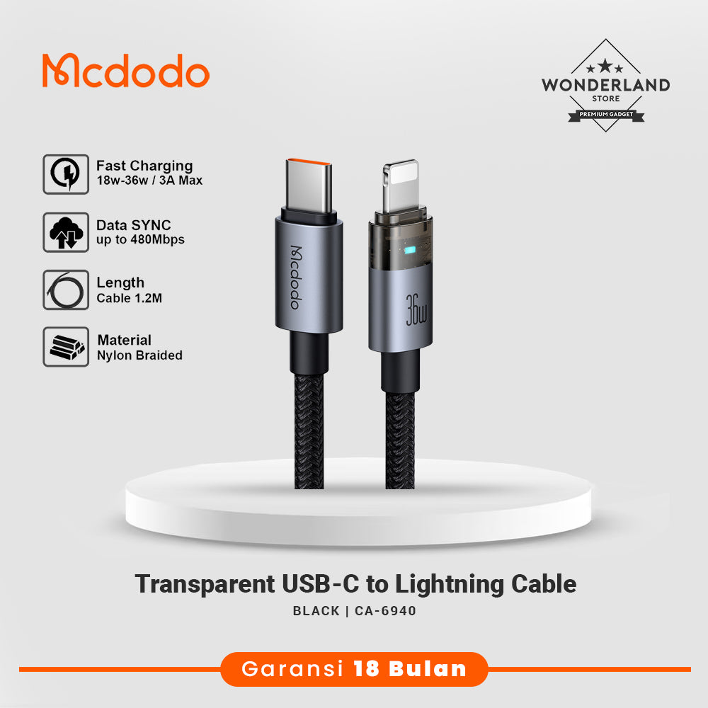 Mcdodo Kabel Data iPhone Transparant USB-C Lightning 36W Fast Charging with LED