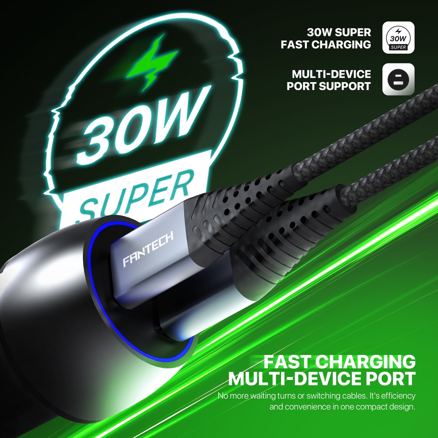 Fantech Power Move Car Charger Mobil Adaptor USB-C 30W+USB-C 15W Super Fast Charging PME302