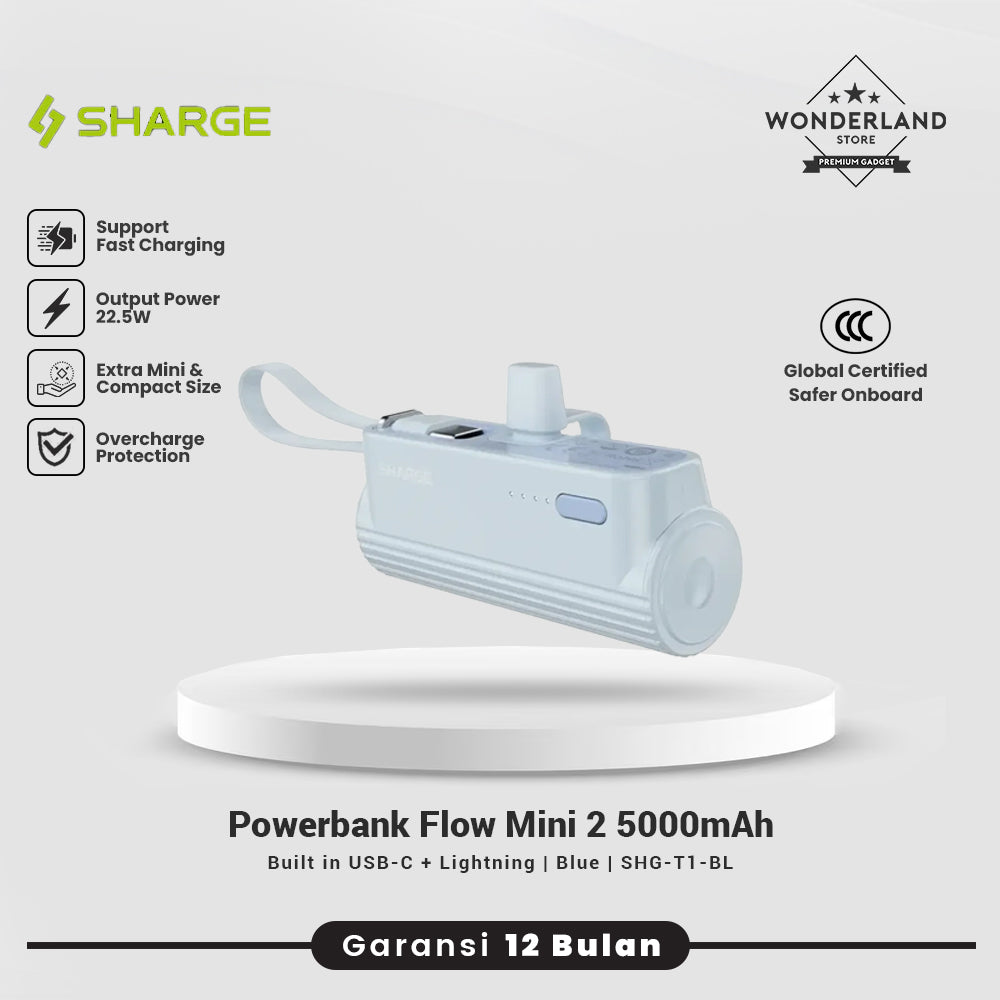 Sharge Powerbank Flow Mini 2 Duo 5000mAh Built-in USB-C + Lightning PD 22.5W Fast Charging