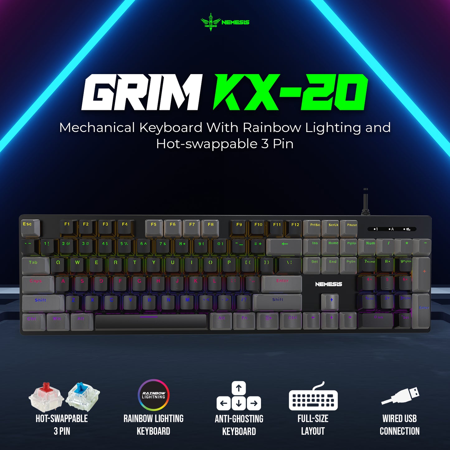 NYK Nemesis Grim KX20 Keyboard Fullsize Mechanical 3 PIN Hotswappable GRIM KX-20