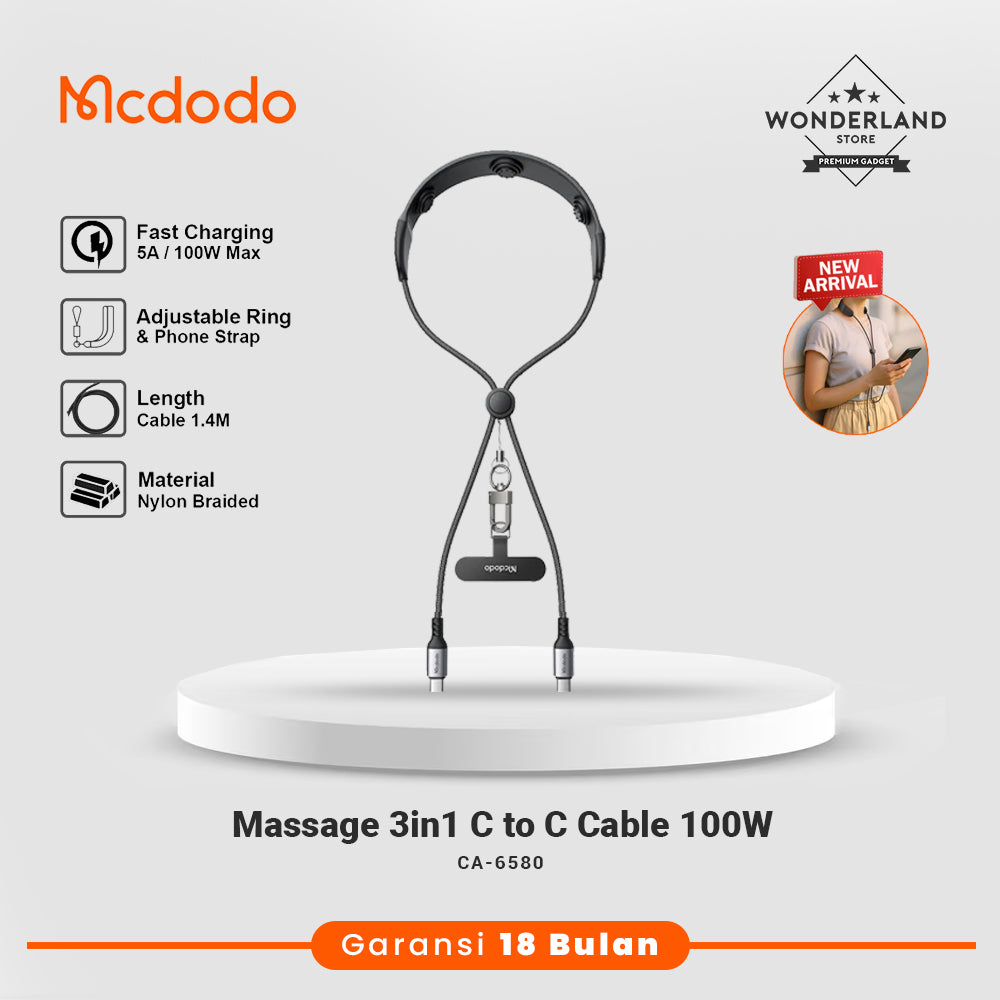 Mcdodo 3in1 Kabel Data USB-C to C with Tali Lanyard + Alat Pijat Massage 100W PD Fast Charging