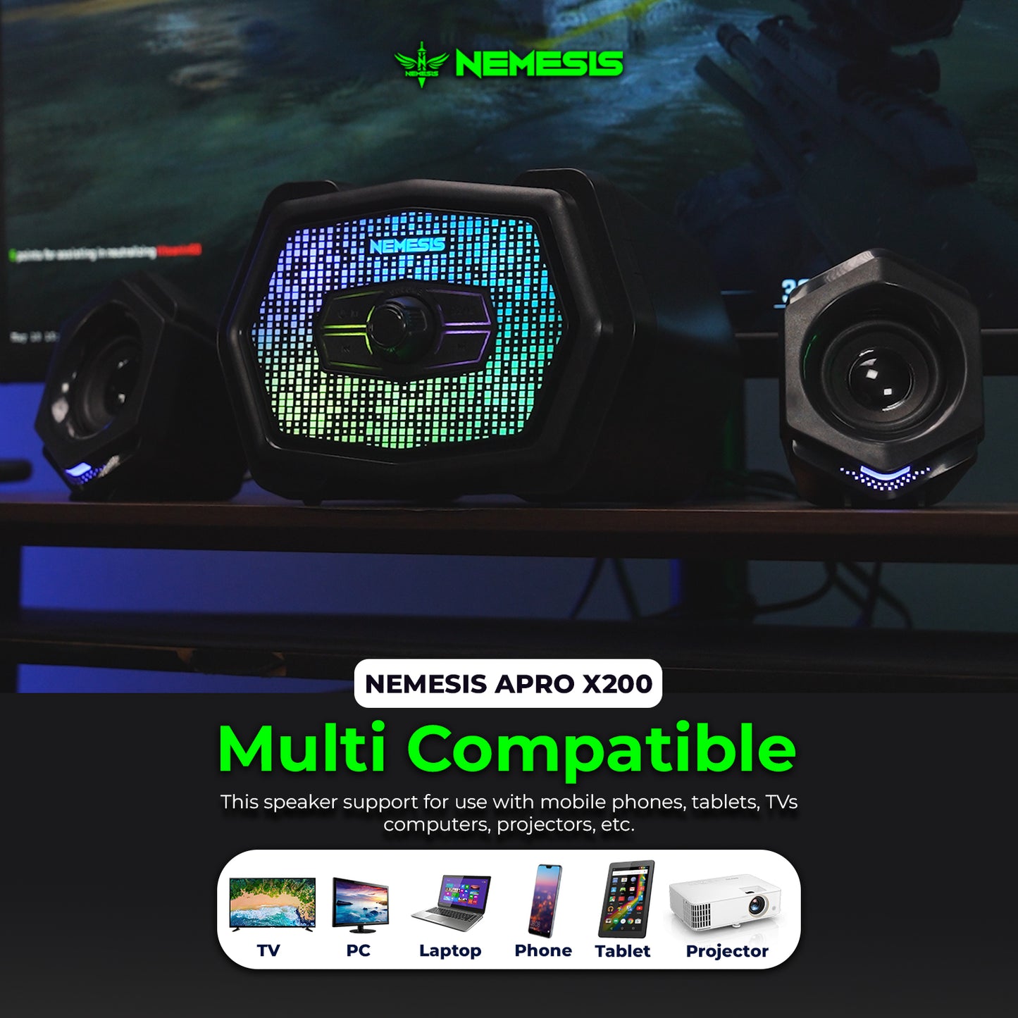 Nemesis Speaker APRO X200 Subwoofer Multimedia 2.1 Stereo Bass Music Box For PC/Laptop Dual Connection