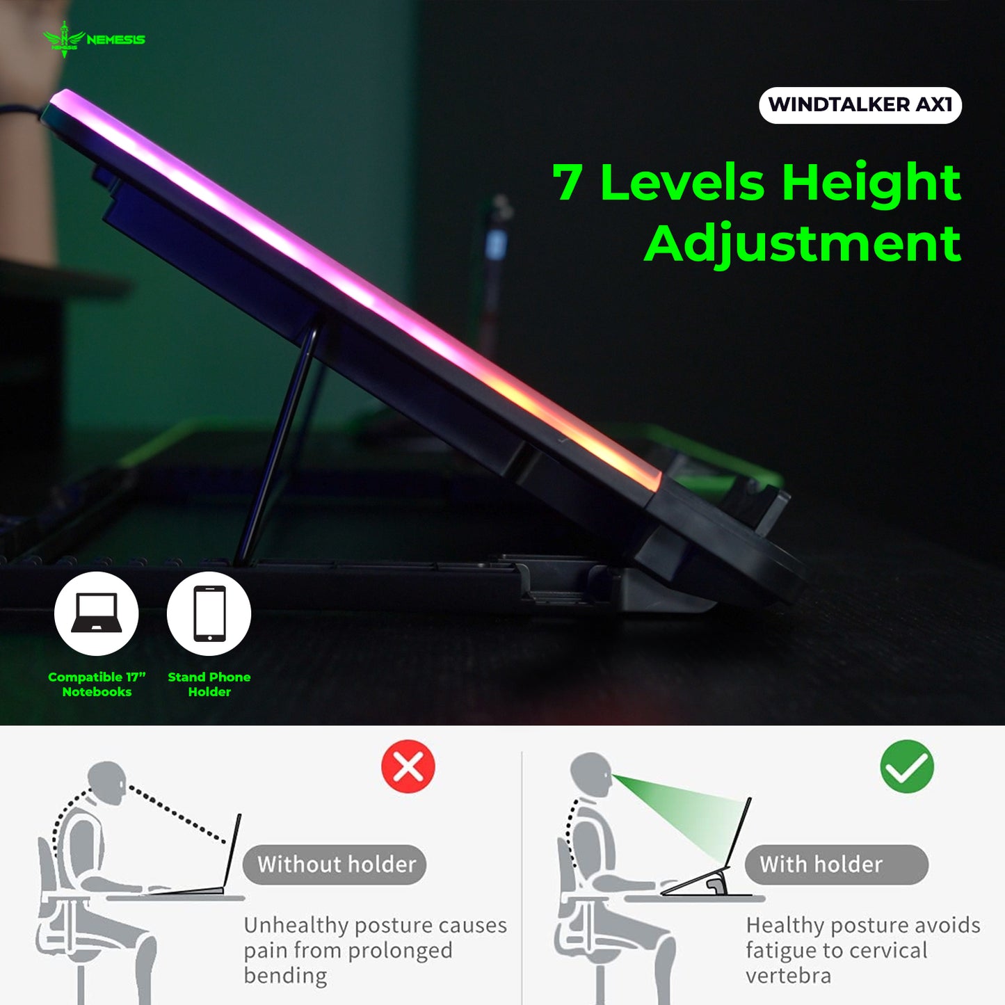 NYK Nemesis Cooling Pad Plat Topper 6 Fan RGB with Phone Holder Nemesis Windtalker AX1