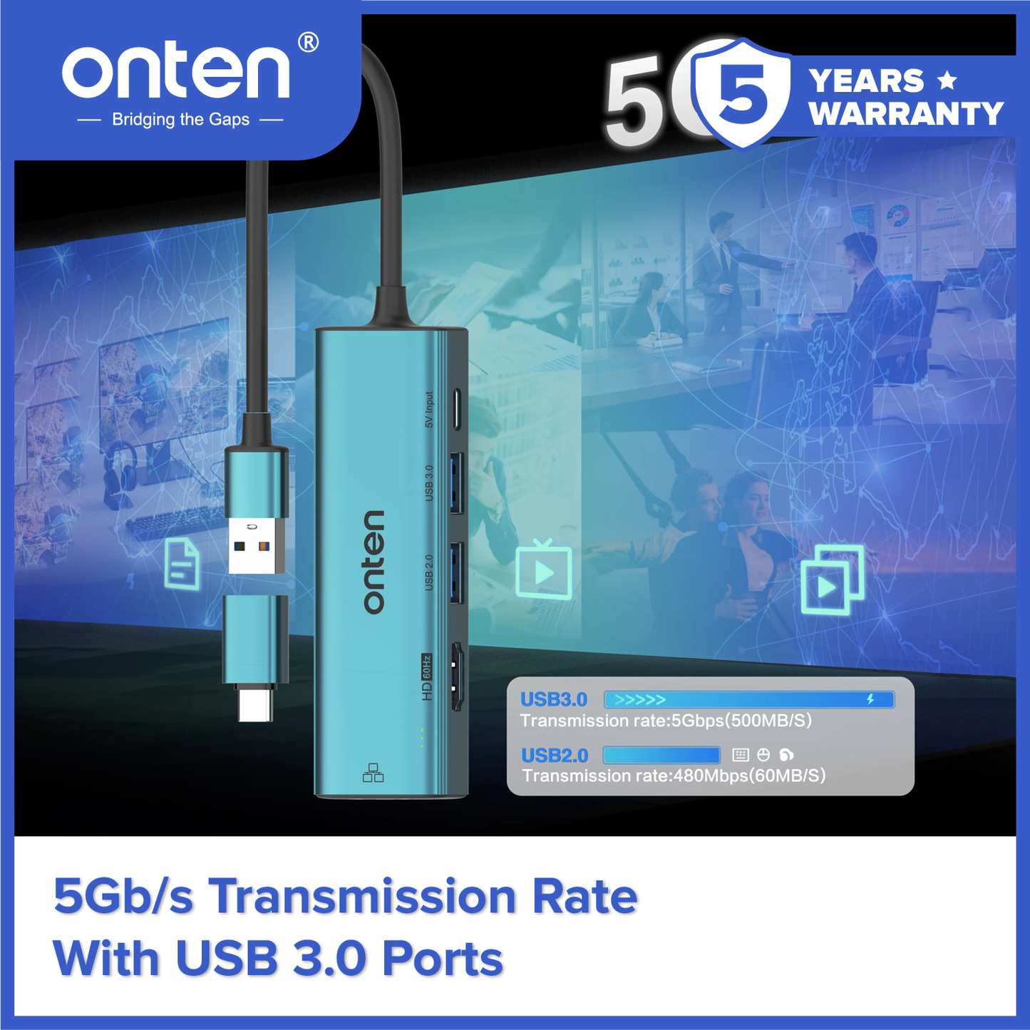 Onten Converter USB 3.0 to 5in1 LAN RJ45 + HDMI + USB for Extend Duplicate Monitor Layar OTN-US125