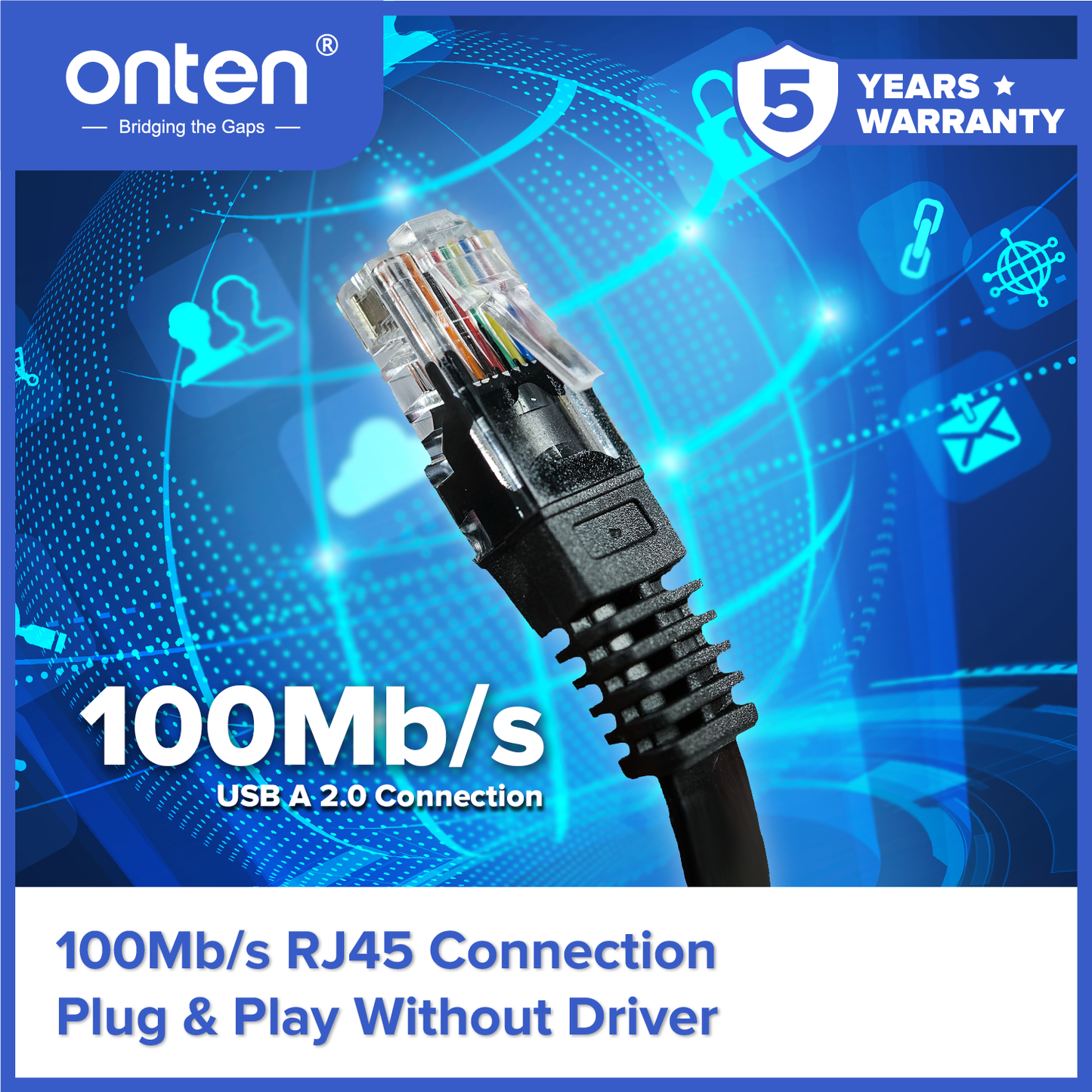 Onten Cable Connector USB to LAN RJ45 Ethernet Support Up To 100Mb/s Internet Speed OTN-UA21