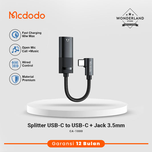 Mcdodo Spliter USB-C to USB-C + Jack 3.5 60W PD AUX Port Cable CA-1880