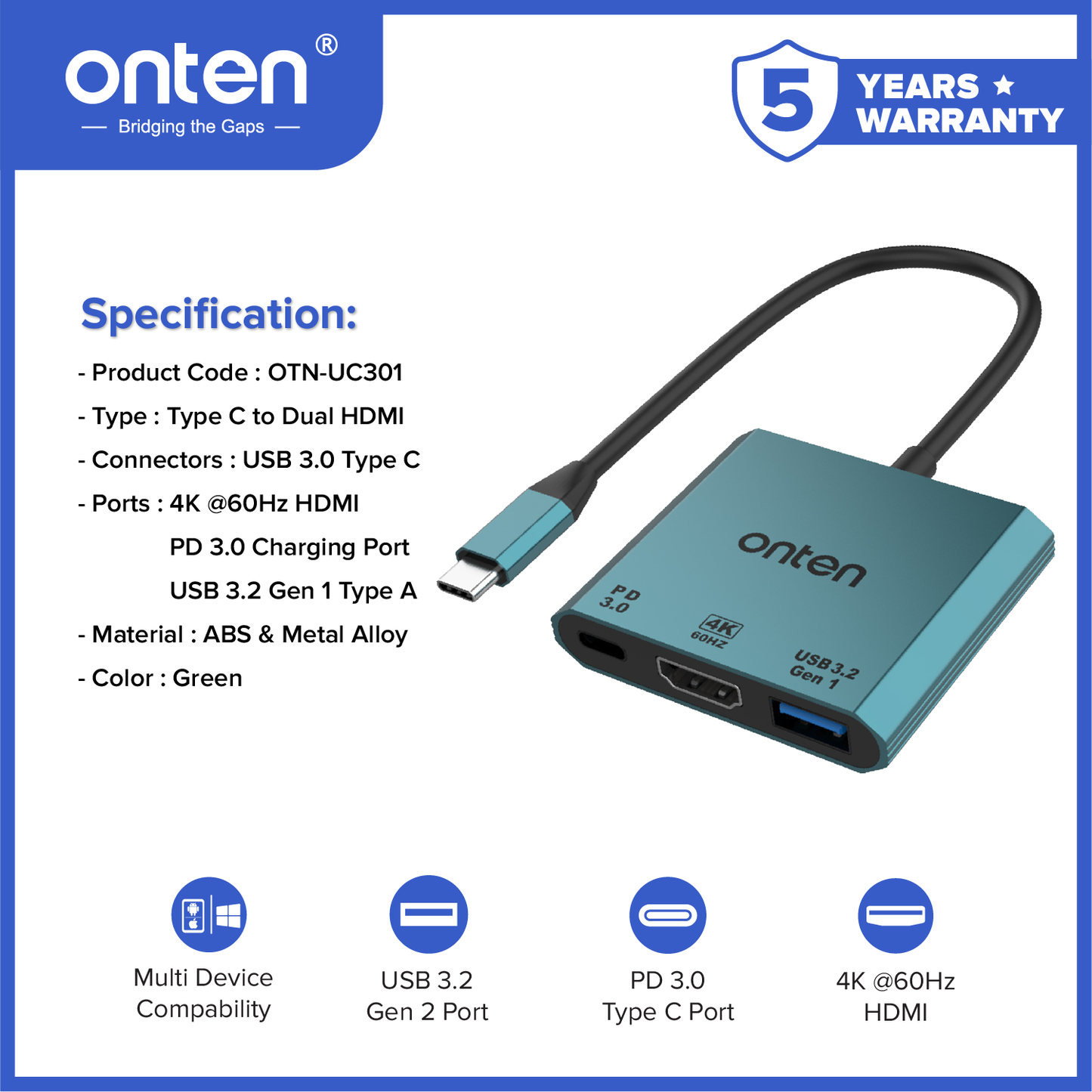 Onten Converter 3in1 USB-C to 4K HDMI & USB 3.2 GEN 1 For Duplicate atau Extend Display OTN-UC301