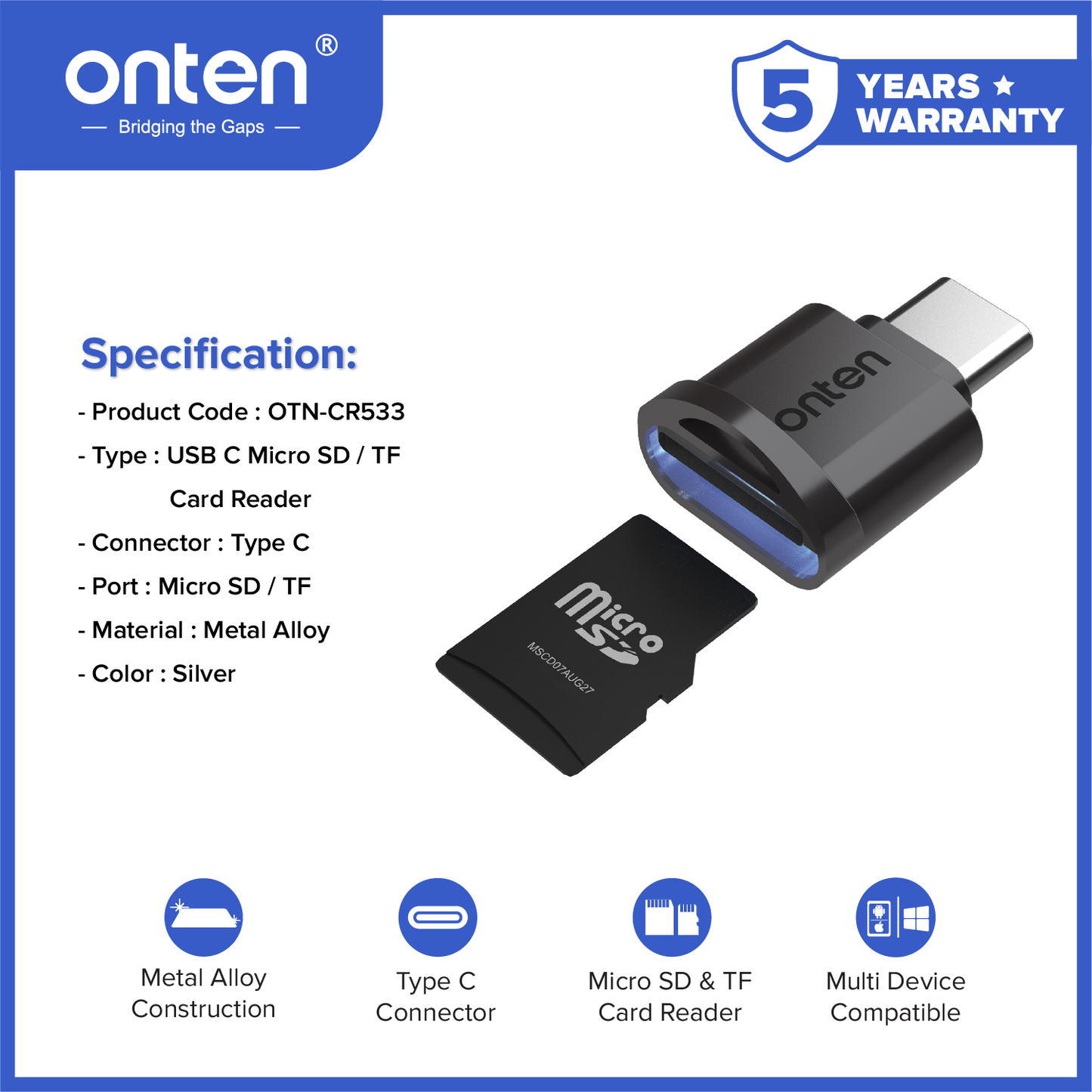 Onten Card Reader TF/Micro SD USB-C Multi Device Compatible OTN-CR533