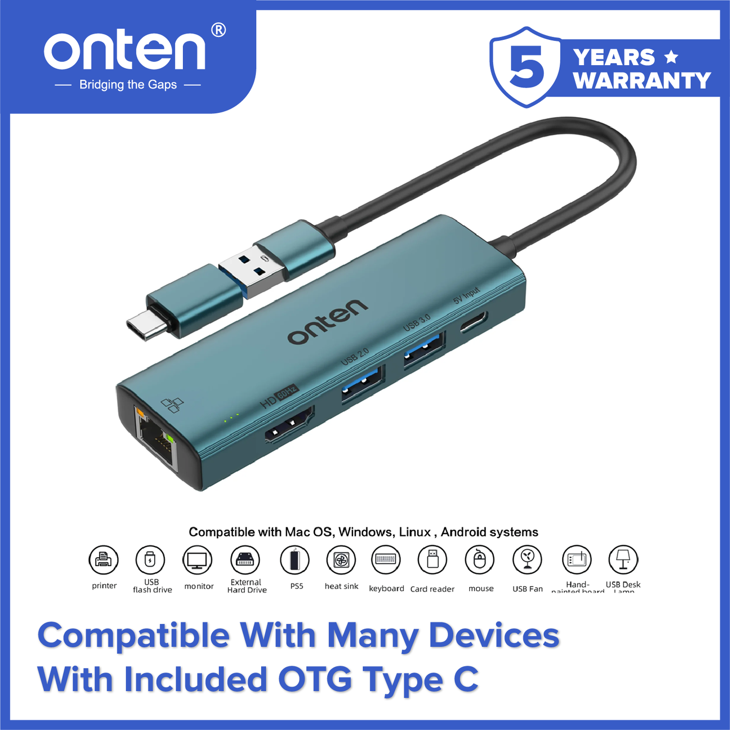 Onten Converter USB 3.0 to 5in1 LAN RJ45 + HDMI + USB for Extend Duplicate Monitor Layar OTN-US125