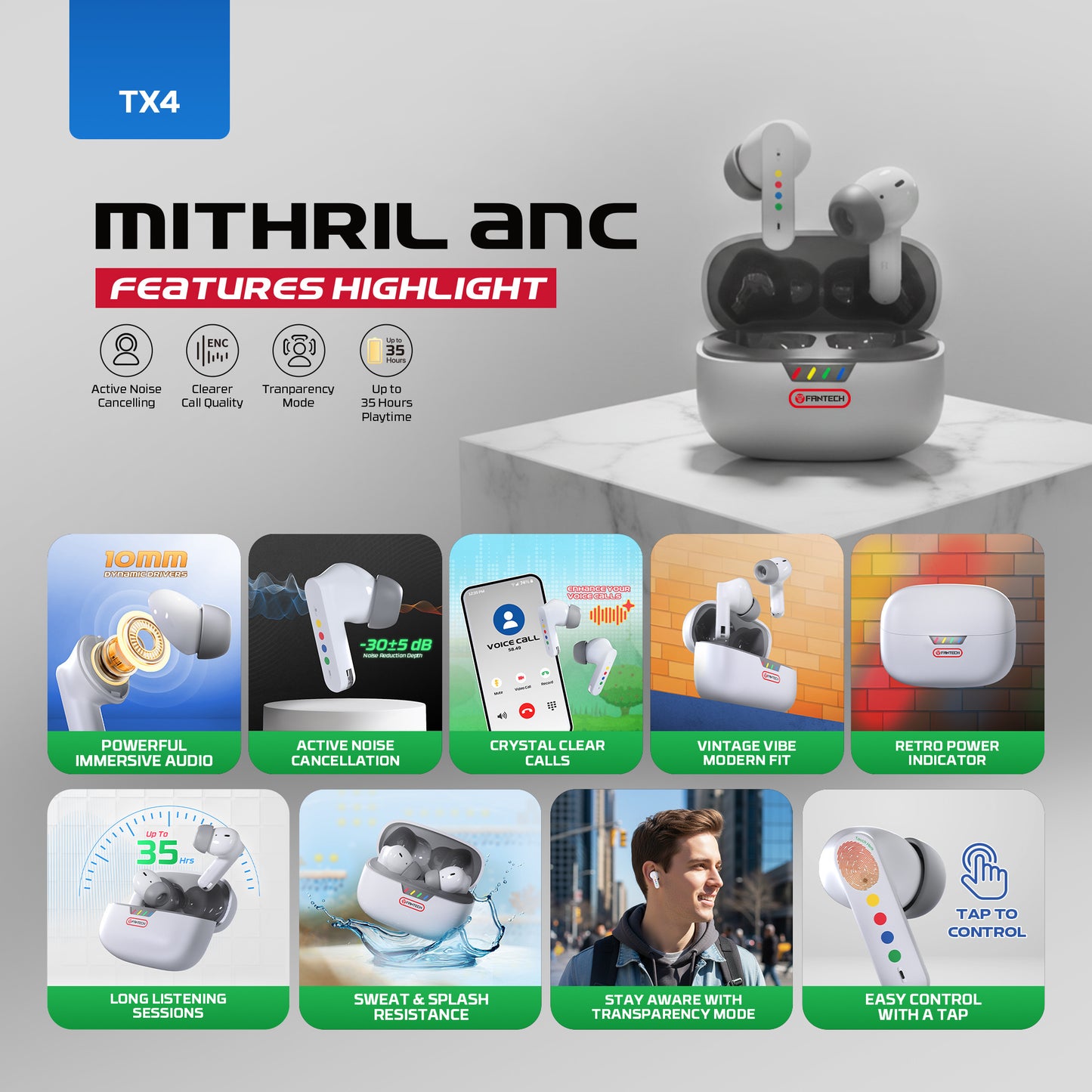 Fantech Mithril ANC TX4 TWS Bluetooth 5.4 Gaming Low Latency Bass Maxfit Edition