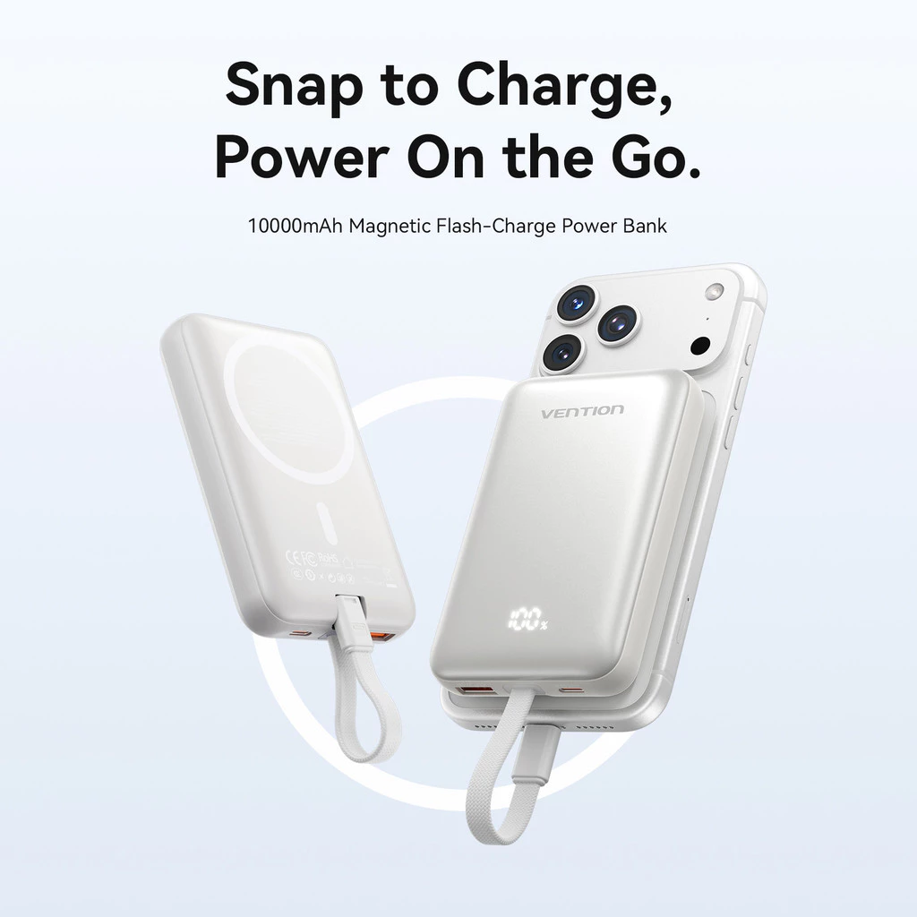 Vention CCC Magnetic Powerbank 10000mAh Fast Charging 22.5W Wireless 15W Built in Cable USB-C