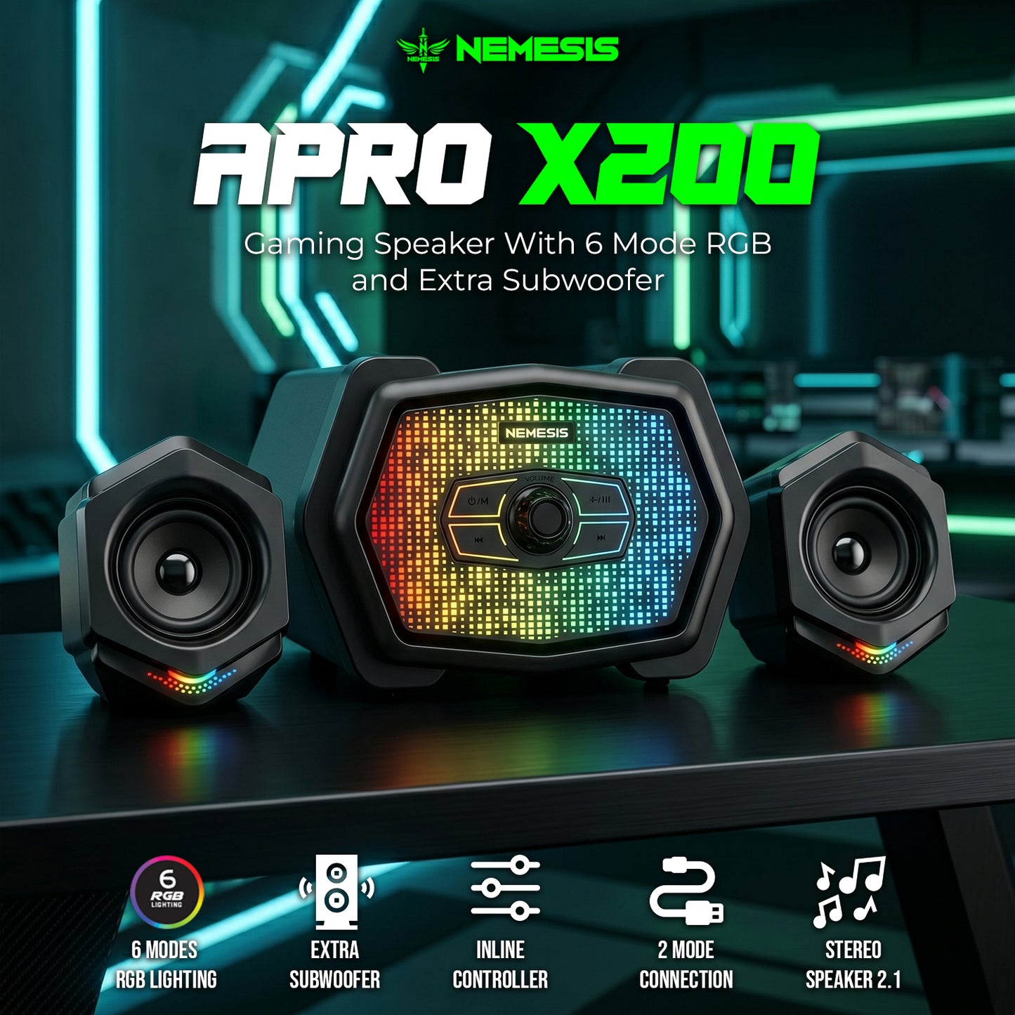 Nemesis Speaker APRO X200 Subwoofer Multimedia 2.1 Stereo Bass Music Box For PC/Laptop Dual Connection