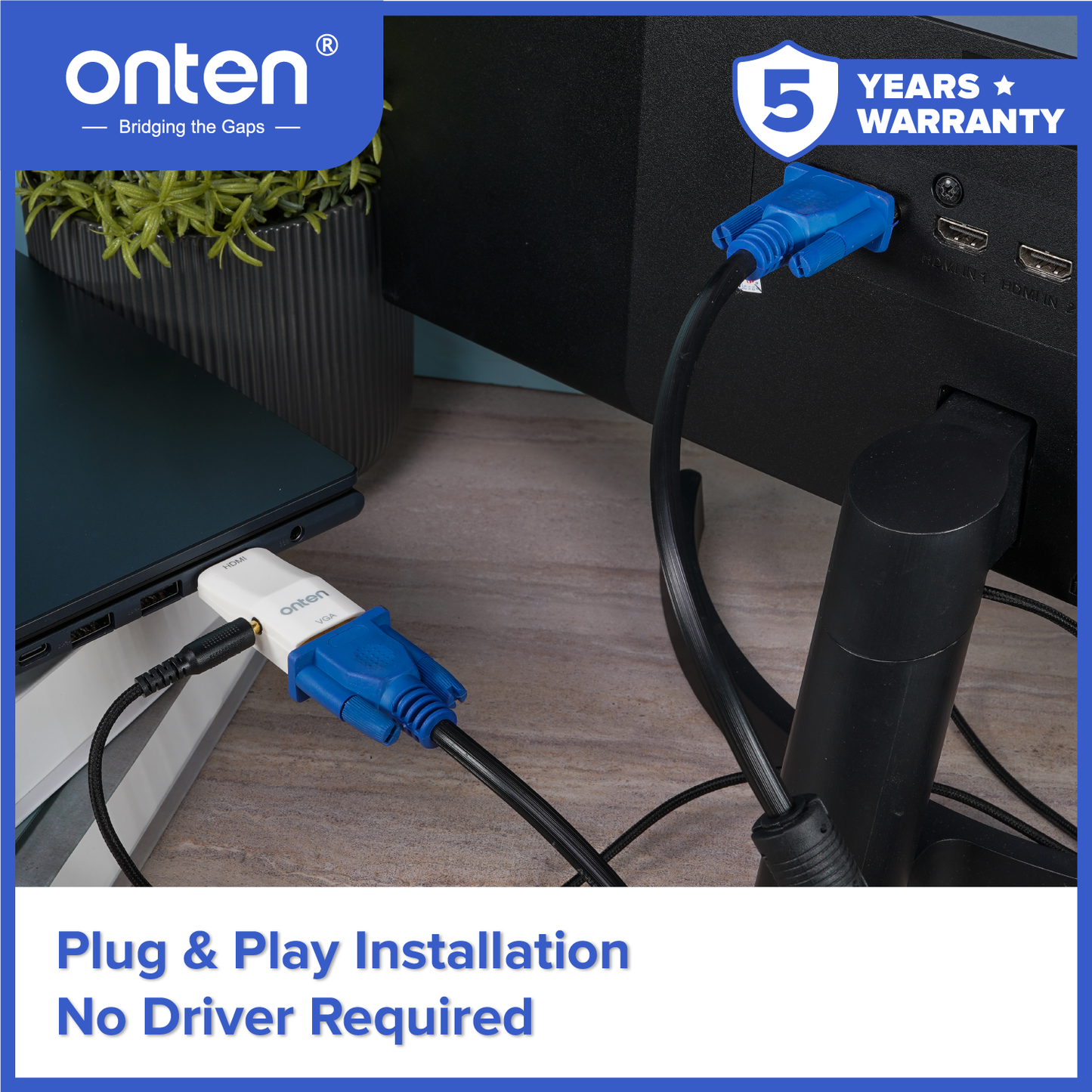 Onten Adapter HDMI to VGA dan Audio Support Up to 1080P 60Hz OTN-5125
