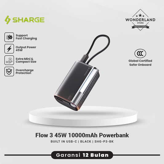 Sharge CCC PowerBank Flow 3 45W 10000mAh PD Fast Charging Built-in USB-C Cable
